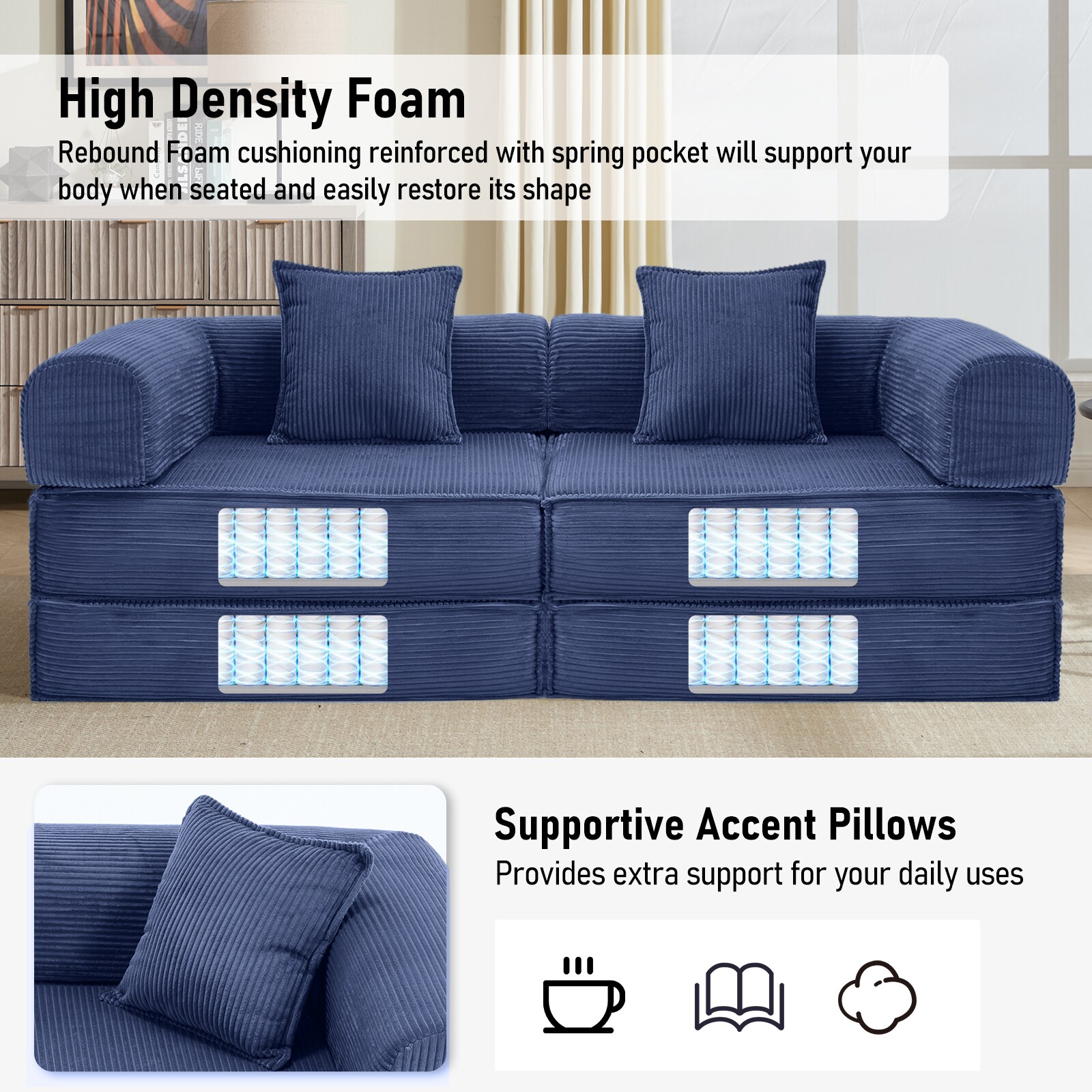 Convertible Corduroy Sleeper Sofa Bed With Two Pillows Blue_voghion.com